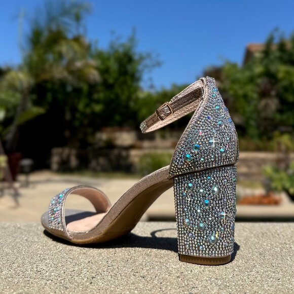 New Bling Gold Rhinestone Crystal Open Toe Dress Sandals Ankle Strap Block Heel - Picture 3 of 5